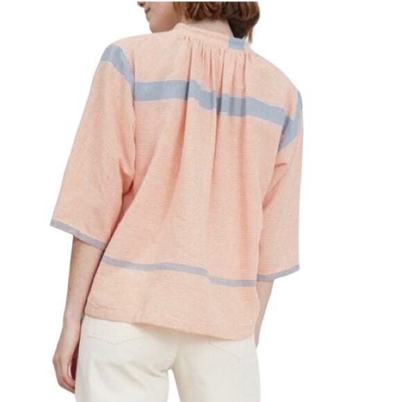 Apiece Apart Agata Shirred Boxy Flowy Blouse in Cote Stripe Orange Blue White 4 - Picture 2 of 13